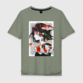 Мужская футболка хлопок Oversize с принтом Девушка и Карп Кои в Белгороде, 100% хлопок | свободный крой, круглый ворот, “спинка” длиннее передней части | девушка | карп | карп кои | рисунок | рыба