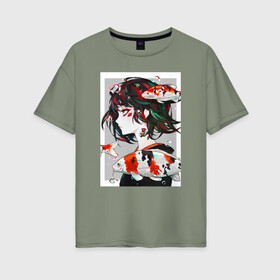 Женская футболка хлопок Oversize с принтом Девушка и Карп Кои в Белгороде, 100% хлопок | свободный крой, круглый ворот, спущенный рукав, длина до линии бедер
 | девушка | карп | карп кои | рисунок | рыба