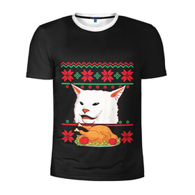 Мужская футболка 3D спортивная с принтом Woman Yelling at Cat в Белгороде, 100% полиэстер с улучшенными характеристиками | приталенный силуэт, круглая горловина, широкие плечи, сужается к линии бедра | cat | cats | christmas | mem | meme | memes | new year | xmas | вязаный | женщина | кот | кричит | мем | мемы | на кота | новый год | рождество | свитер