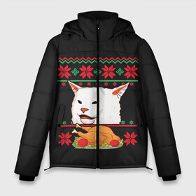 Мужская зимняя куртка 3D с принтом Woman Yelling at Cat в Белгороде, верх — 100% полиэстер; подкладка — 100% полиэстер; утеплитель — 100% полиэстер | длина ниже бедра, свободный силуэт Оверсайз. Есть воротник-стойка, отстегивающийся капюшон и ветрозащитная планка. 

Боковые карманы с листочкой на кнопках и внутренний карман на молнии. | Тематика изображения на принте: cat | cats | christmas | mem | meme | memes | new year | xmas | вязаный | женщина | кот | кричит | мем | мемы | на кота | новый год | рождество | свитер