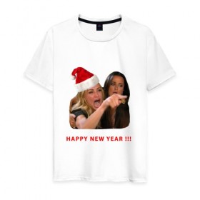 Мужская футболка хлопок с принтом woman yelling at cat в Белгороде, 100% хлопок | прямой крой, круглый вырез горловины, длина до линии бедер, слегка спущенное плечо. | happy new year | mem | woman yelling at cat | женщина кричит на кота | мем | новый год