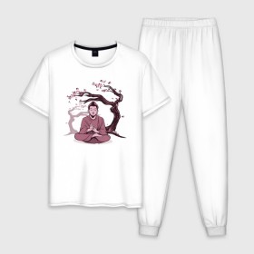 Мужская пижама хлопок с принтом Будда Сакура в Белгороде, 100% хлопок | брюки и футболка прямого кроя, без карманов, на брюках мягкая резинка на поясе и по низу штанин
 | buddha | medidate | medidation | sakura | yoga | буда | будда | йога | медитация | сакура | япония