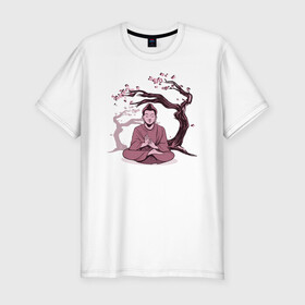 Мужская футболка хлопок Slim с принтом Будда Сакура в Белгороде, 92% хлопок, 8% лайкра | приталенный силуэт, круглый вырез ворота, длина до линии бедра, короткий рукав | Тематика изображения на принте: buddha | medidate | medidation | sakura | yoga | буда | будда | йога | медитация | сакура | япония