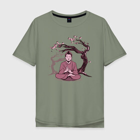 Мужская футболка хлопок Oversize с принтом Будда Сакура в Белгороде, 100% хлопок | свободный крой, круглый ворот, “спинка” длиннее передней части | Тематика изображения на принте: buddha | medidate | medidation | sakura | yoga | буда | будда | йога | медитация | сакура | япония