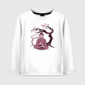 Детский лонгслив хлопок с принтом Будда Сакура в Белгороде, 100% хлопок | круглый вырез горловины, полуприлегающий силуэт, длина до линии бедер | buddha | medidate | medidation | sakura | yoga | буда | будда | йога | медитация | сакура | япония
