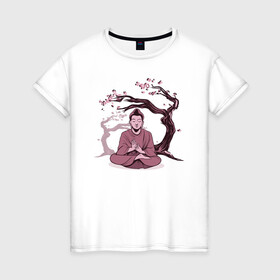 Женская футболка хлопок с принтом Будда Сакура в Белгороде, 100% хлопок | прямой крой, круглый вырез горловины, длина до линии бедер, слегка спущенное плечо | Тематика изображения на принте: buddha | medidate | medidation | sakura | yoga | буда | будда | йога | медитация | сакура | япония