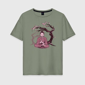 Женская футболка хлопок Oversize с принтом Будда Сакура в Белгороде, 100% хлопок | свободный крой, круглый ворот, спущенный рукав, длина до линии бедер
 | Тематика изображения на принте: buddha | medidate | medidation | sakura | yoga | буда | будда | йога | медитация | сакура | япония