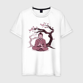 Мужская футболка хлопок с принтом Будда Сакура в Белгороде, 100% хлопок | прямой крой, круглый вырез горловины, длина до линии бедер, слегка спущенное плечо. | Тематика изображения на принте: buddha | medidate | medidation | sakura | yoga | буда | будда | йога | медитация | сакура | япония