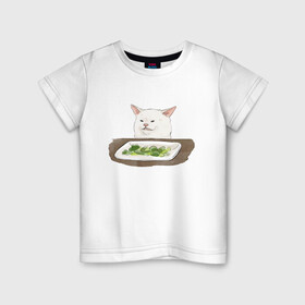 Детская футболка хлопок с принтом Woman Yelling At Cat Meme в Белгороде, 100% хлопок | круглый вырез горловины, полуприлегающий силуэт, длина до линии бедер | Тематика изображения на принте: cat | cat meme | женщина кричит на кота | интернет | кот | кот мем | котейка | котенок | кошак | мем | приколы