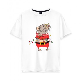 Женская футболка хлопок Oversize с принтом Новогодняя мышка с гирляндой в Белгороде, 100% хлопок | свободный крой, круглый ворот, спущенный рукав, длина до линии бедер
 | 