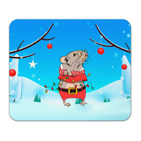 Коврик для мышки прямоугольный с принтом Новогодняя мышка с гирляндой в Белгороде, натуральный каучук | размер 230 х 185 мм; запечатка лицевой стороны | 2020 | mouse | rat | годкрысы | годмыши | зима | зимняя | крыса | мороз | мышка | мышь | новогодняя | новый год | новый год 2020 | рождество | симолгода | снег | холод