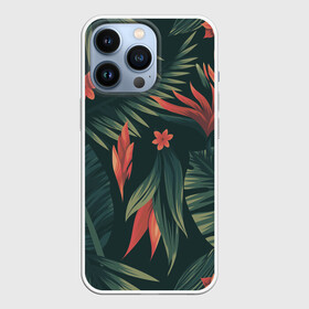 Чехол для iPhone 13 Pro с принтом Тропический комуфляж в Белгороде,  |  | букет | бутон | джунгли | зелёный | красный | лепестки | лепесток | лес | листья | папоротник | синий | тропики | цветок