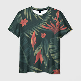 Мужская футболка 3D с принтом Тропический комуфляж в Белгороде, 100% полиэфир | прямой крой, круглый вырез горловины, длина до линии бедер | букет | бутон | джунгли | зелёный | красный | лепестки | лепесток | лес | листья | папоротник | синий | тропики | цветок