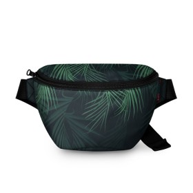 Поясная сумка 3D с принтом Пальмовый узор в Белгороде, 100% полиэстер | плотная ткань, ремень с регулируемой длиной, внутри несколько карманов для мелочей, основное отделение и карман с обратной стороны сумки застегиваются на молнию | джунгли | зелёный | лепестки | лепесток | лес | листья | пальма | пальмы | папоротник | салатовый | тропики | черный