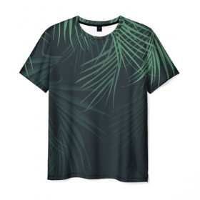Мужская футболка 3D с принтом Пальмовый узор в Белгороде, 100% полиэфир | прямой крой, круглый вырез горловины, длина до линии бедер | джунгли | зелёный | лепестки | лепесток | лес | листья | пальма | пальмы | папоротник | салатовый | тропики | черный