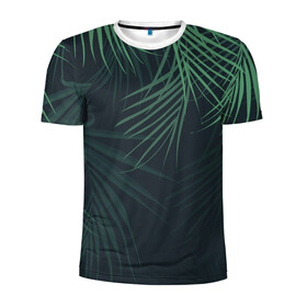 Мужская футболка 3D спортивная с принтом Пальмовый узор в Белгороде, 100% полиэстер с улучшенными характеристиками | приталенный силуэт, круглая горловина, широкие плечи, сужается к линии бедра | джунгли | зелёный | лепестки | лепесток | лес | листья | пальма | пальмы | папоротник | салатовый | тропики | черный