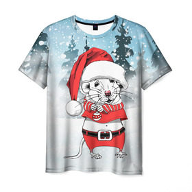 Мужская футболка 3D с принтом Мышонок с елочной игрушкой в Белгороде, 100% полиэфир | прямой крой, круглый вырез горловины, длина до линии бедер | 2020 | mouse | rat | годкрысы | годмыши | зима | зимняя | крыса | мороз | мышка | мышь | новогодняя | новый год | новый год 2020 | рождество | симолгода | снег | холод