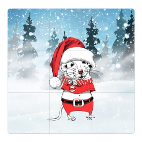 Магнитный плакат 3Х3 с принтом Мышонок с елочной игрушкой в Белгороде, Полимерный материал с магнитным слоем | 9 деталей размером 9*9 см | 2020 | mouse | rat | годкрысы | годмыши | зима | зимняя | крыса | мороз | мышка | мышь | новогодняя | новый год | новый год 2020 | рождество | симолгода | снег | холод