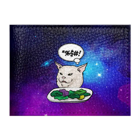Обложка для студенческого билета с принтом Woman yelling at a cat в Белгороде, натуральная кожа | Размер: 11*8 см; Печать на всей внешней стороне | confused cat | woman yelling at a cat meme | женщина кричит на кота | космос | кот в космосе | кот с тарелкой | мем | мем с кричащей на кота женщиной | смущённый кот