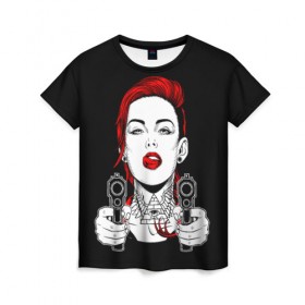 Женская футболка 3D с принтом Woman is holding a gun в Белгороде, 100% полиэфир ( синтетическое хлопкоподобное полотно) | прямой крой, круглый вырез горловины, длина до линии бедер | girl | guns | tattoo | woman | девушка | красотка | масоны | оружие | пистолеты | тату | треугольник