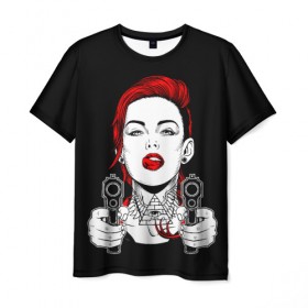 Мужская футболка 3D с принтом Woman is holding a gun в Белгороде, 100% полиэфир | прямой крой, круглый вырез горловины, длина до линии бедер | girl | guns | tattoo | woman | девушка | красотка | масоны | оружие | пистолеты | тату | треугольник