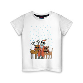 Детская футболка хлопок с принтом THE HATTERS: Дед Мороз не показывает слёз в Белгороде, 100% хлопок | круглый вырез горловины, полуприлегающий силуэт, длина до линии бедер | Тематика изображения на принте: hatters | дед мороз | джипси | музыченко | новый год | олень | рождество | рок | ска | снег | снежинки | фолк | шляпники