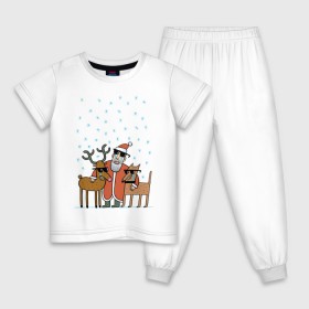 Детская пижама хлопок с принтом THE HATTERS: Дед Мороз не показывает слёз в Белгороде, 100% хлопок |  брюки и футболка прямого кроя, без карманов, на брюках мягкая резинка на поясе и по низу штанин
 | Тематика изображения на принте: hatters | дед мороз | джипси | музыченко | новый год | олень | рождество | рок | ска | снег | снежинки | фолк | шляпники