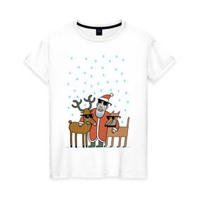 Женская футболка хлопок с принтом THE HATTERS: Дед Мороз не показывает слёз в Белгороде, 100% хлопок | прямой крой, круглый вырез горловины, длина до линии бедер, слегка спущенное плечо | hatters | дед мороз | джипси | музыченко | новый год | олень | рождество | рок | ска | снег | снежинки | фолк | шляпники