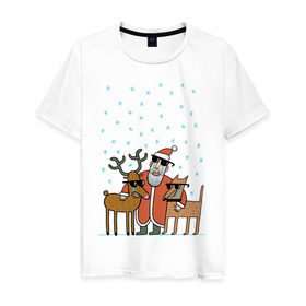 Мужская футболка хлопок с принтом THE HATTERS: Дед Мороз не показывает слёз в Белгороде, 100% хлопок | прямой крой, круглый вырез горловины, длина до линии бедер, слегка спущенное плечо. | Тематика изображения на принте: hatters | дед мороз | джипси | музыченко | новый год | олень | рождество | рок | ска | снег | снежинки | фолк | шляпники