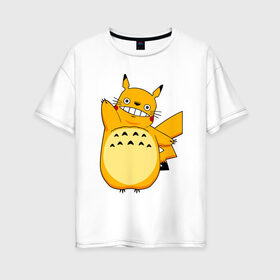 Женская футболка хлопок Oversize с принтом Pika Totoro в Белгороде, 100% хлопок | свободный крой, круглый ворот, спущенный рукав, длина до линии бедер
 | forest | friend | ghibli | japan | keeper | miyazaki | nature | neigbor | neighbour | pikachu | pokemon | totoro | анимация | аниме | гибли | друг | животные | лес | любовь | милый | мир | миядзаки | мульт | мультфильм | пика | пикачу | покемон | приключе