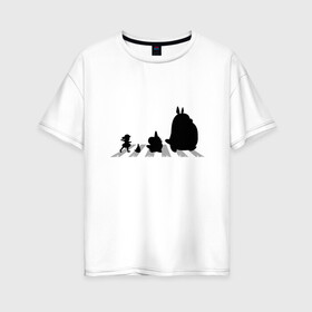 Женская футболка хлопок Oversize с принтом Totoro Beatles в Белгороде, 100% хлопок | свободный крой, круглый ворот, спущенный рукав, длина до линии бедер
 | abbey road | beatles | forest | friend | ghibli | japan | keeper | miyazaki | music | nature | neigbor | neighbo | rock | totoro | анимация | аниме | битлз | гибли | друг | животные | лес | любовь | милый | мир | миядзаки | музыка | мульт | мультфильм | п