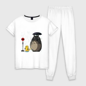Женская пижама хлопок с принтом Тоторо под дождём в Белгороде, 100% хлопок | брюки и футболка прямого кроя, без карманов, на брюках мягкая резинка на поясе и по низу штанин | forest | friend | ghibli | japan | keeper | miyazaki | nature | neigbor | neighbour | totoro | анимация | аниме | гибли | друг | животные | лес | любовь | милый | мир | миядзаки | мульт | мультфильм | пика | пикачу | покемон | приключения