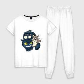 Женская пижама хлопок с принтом Tardis Totoro в Белгороде, 100% хлопок | брюки и футболка прямого кроя, без карманов, на брюках мягкая резинка на поясе и по низу штанин | doctor who | forest | friend | ghibli | japan | keeper | miyazaki | nature | neigbor | neighbour | tardis | totoro | анимация | аниме | гибли | доктор кто | друг | животные | кот | лес | любовь | милый | мир | миядзаки | мульт | мультфильм | приключения |