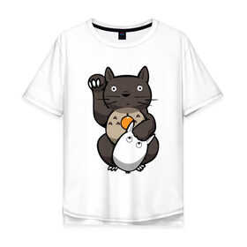 Мужская футболка хлопок Oversize с принтом Totoro Maneki Neko в Белгороде, 100% хлопок | свободный крой, круглый ворот, “спинка” длиннее передней части | cat | forest | friend | ghibli | japan | keeper | miyazaki | nature | neigbor | neighbour | totoro | анимация | аниме | гибли | друг | животные | кот | котенок | котик | кошка | лес | любовь | милый | мир | миядзаки | мульт | мультфильм