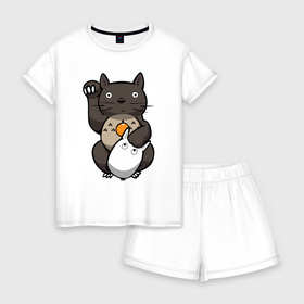 Женская пижама с шортиками хлопок с принтом Totoro Maneki Neko в Белгороде, 100% хлопок | футболка прямого кроя, шорты свободные с широкой мягкой резинкой | cat | forest | friend | ghibli | japan | keeper | miyazaki | nature | neigbor | neighbour | totoro | анимация | аниме | гибли | друг | животные | кот | котенок | котик | кошка | лес | любовь | милый | мир | миядзаки | мульт | мультфильм