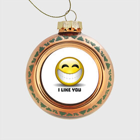 Стеклянный ёлочный шар с принтом I like you в Белгороде, Стекло | Диаметр: 80 мм | emoji | зубы | интернет | любовь | мем | настроение | симпатия | смайл | смайлик | улыбка | эмоджи