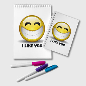 Блокнот с принтом I like you в Белгороде, 100% бумага | 48 листов, плотность листов — 60 г/м2, плотность картонной обложки — 250 г/м2. Листы скреплены удобной пружинной спиралью. Цвет линий — светло-серый
 | emoji | зубы | интернет | любовь | мем | настроение | симпатия | смайл | смайлик | улыбка | эмоджи