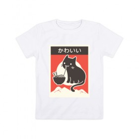 Детская футболка хлопок с принтом Котик и рамен в Белгороде, 100% хлопок | круглый вырез горловины, полуприлегающий силуэт, длина до линии бедер | food | kawai | kawaii | аниме | еда | кавай | китайская | корейская | кот | рамен | японская