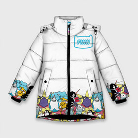 Зимняя куртка для девочек 3D с принтом Finn Adventure Time в Белгороде, ткань верха — 100% полиэстер; подклад — 100% полиэстер, утеплитель — 100% полиэстер. | длина ниже бедра, удлиненная спинка, воротник стойка и отстегивающийся капюшон. Есть боковые карманы с листочкой на кнопках, утяжки по низу изделия и внутренний карман на молнии. 

Предусмотрены светоотражающий принт на спинке, радужный светоотражающий элемент на пуллере молнии и на резинке для утяжки. | adventure time | dsgnosadchaya | vdosadir | бимо | время приключений | гантер | джейк | марселин | пендлтон уорд | пупырка | снежный король | финн