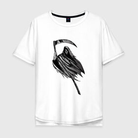 Мужская футболка хлопок Oversize с принтом Жнец в Белгороде, 100% хлопок | свободный крой, круглый ворот, “спинка” длиннее передней части | жнец | коса | мрачный жнец | рисунок | тьма