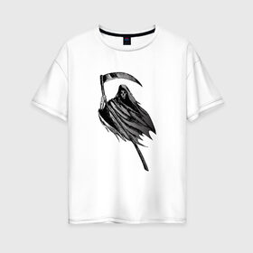 Женская футболка хлопок Oversize с принтом Жнец в Белгороде, 100% хлопок | свободный крой, круглый ворот, спущенный рукав, длина до линии бедер
 | жнец | коса | мрачный жнец | рисунок | тьма