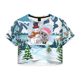 Женская футболка Cropp-top с принтом Милая мышка со снеговиком в Белгороде, 100% полиэстер | круглая горловина, длина футболки до линии талии, рукава с отворотами | 2020 | mouse | rat | годкрысы | годмыши | зима | зимняя | крыса | мороз | мышка | мышь | новогодняя | новый год | новый год 2020 | рождество | симолгода | снег | холод