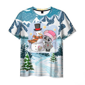 Мужская футболка 3D с принтом Милая мышка со снеговиком в Белгороде, 100% полиэфир | прямой крой, круглый вырез горловины, длина до линии бедер | 2020 | mouse | rat | годкрысы | годмыши | зима | зимняя | крыса | мороз | мышка | мышь | новогодняя | новый год | новый год 2020 | рождество | симолгода | снег | холод