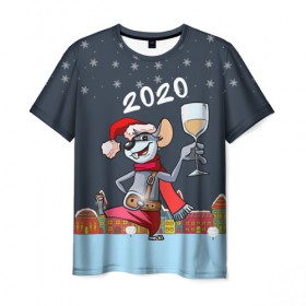 Мужская футболка 3D с принтом Мышонок с шампанским в Белгороде, 100% полиэфир | прямой крой, круглый вырез горловины, длина до линии бедер | 2020 | mouse | rat | годкрысы | годмыши | зима | зимняя | крыса | мороз | мышка | мышь | новогодняя | новый год | новый год 2020 | рождество | симолгода | снег | холод