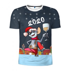 Мужская футболка 3D спортивная с принтом Мышонок с шампанским в Белгороде, 100% полиэстер с улучшенными характеристиками | приталенный силуэт, круглая горловина, широкие плечи, сужается к линии бедра | 2020 | mouse | rat | годкрысы | годмыши | зима | зимняя | крыса | мороз | мышка | мышь | новогодняя | новый год | новый год 2020 | рождество | симолгода | снег | холод