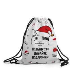 Рюкзак-мешок 3D с принтом Новогодний вежливый котик мем в Белгороде, 100% полиэстер | плотность ткани — 200 г/м2, размер — 35 х 45 см; лямки — толстые шнурки, застежка на шнуровке, без карманов и подкладки | 