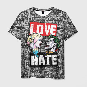 Мужская футболка 3D с принтом Love Hate в Белгороде, 100% полиэфир | прямой крой, круглый вырез горловины, длина до линии бедер | harleen quinzel | harley | harley quin | harley quinn | joker | shtatharley | джокер | харли квин | харли квинн | харли куин | харли куинн | харлин квинзель