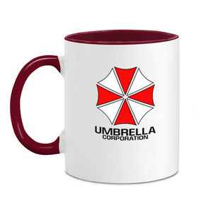 Кружка двухцветная с принтом UMBRELLA CORP в Белгороде, керамика | объем — 330 мл, диаметр — 80 мм. Цветная ручка и кайма сверху, в некоторых цветах — вся внутренняя часть | ada wong | biohazard | leon | nemesis | project resistance | raccoon city | re | re3 | resident evil | resident evil 3 | rpd | stars | umbrella | ада вонг | амбрелла | немезис | ужасы