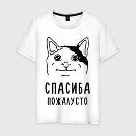 Мужская футболка хлопок с принтом Вежливый котик в Белгороде, 100% хлопок | прямой крой, круглый вырез горловины, длина до линии бедер, слегка спущенное плечо. | Тематика изображения на принте: memes | polite cat | вежливый котик | вежливый котик мем | котик | мем с котом | мемы | пожалйста | приколы | спасиба пожалусто | спасибо