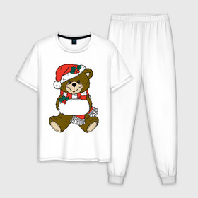 Мужская пижама хлопок с принтом Рождественский Мишка в Белгороде, 100% хлопок | брюки и футболка прямого кроя, без карманов, на брюках мягкая резинка на поясе и по низу штанин
 | 